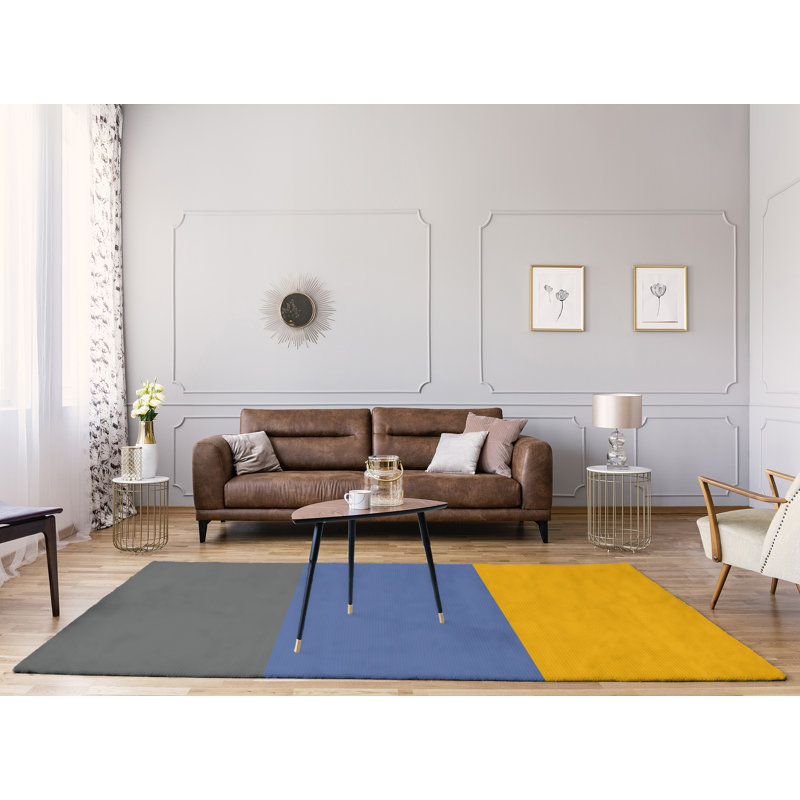 Tapis gris/bleu/jaune rayé, Rectangle 9 pi x 12 pi