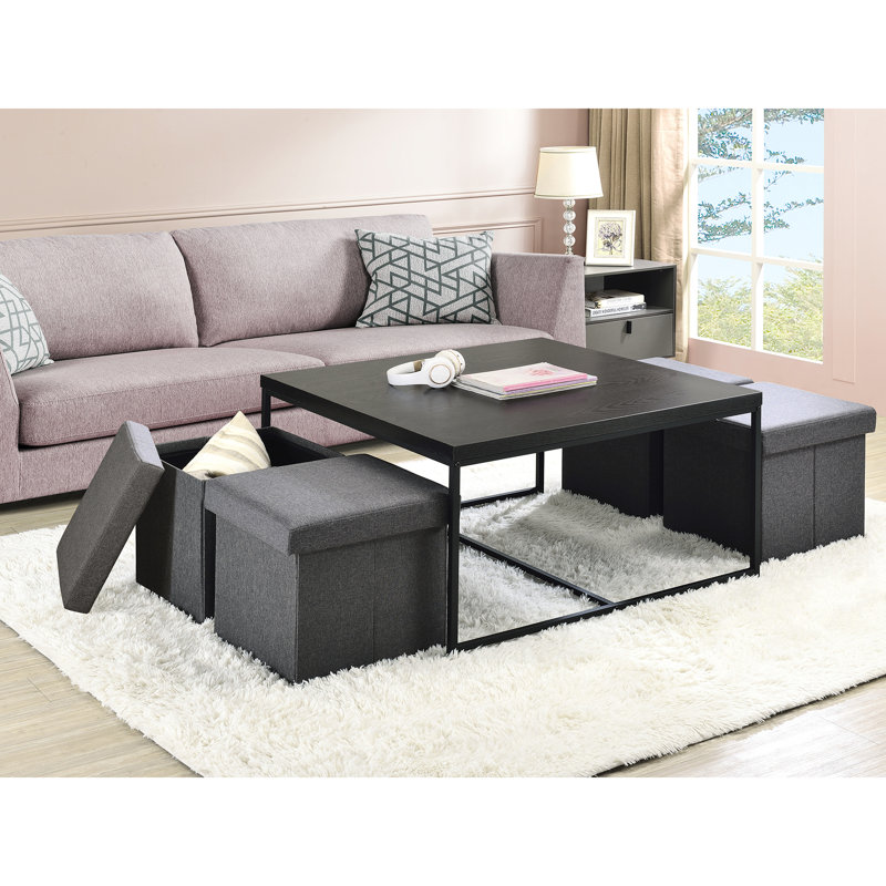 Table 35 po à grain de bois noir avec 4 croquis de rangement, plateau de table, base en métal, pieds réglables, tabourets, pour une conception charmante