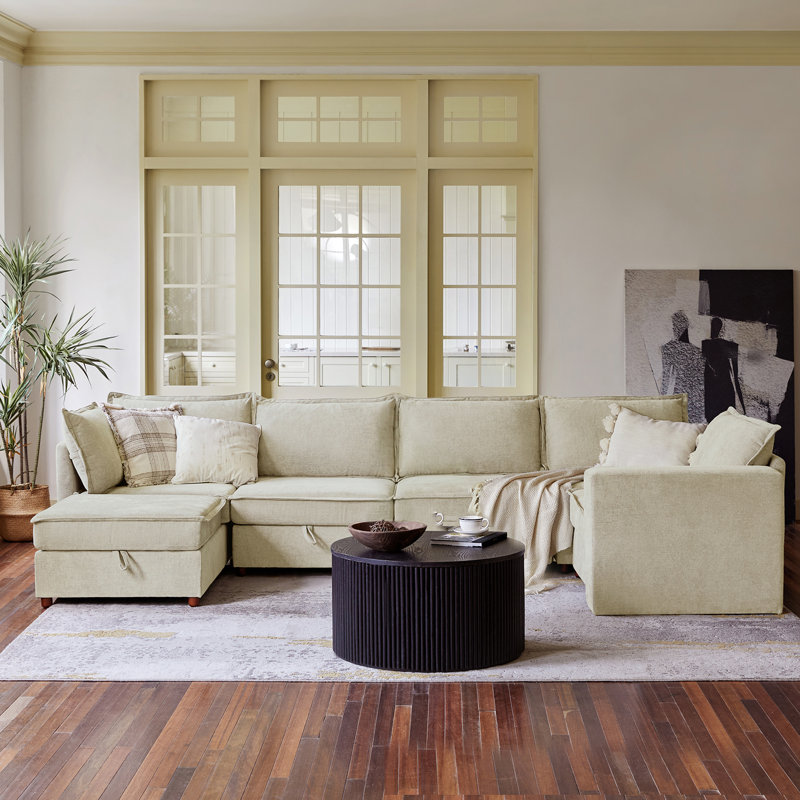 Housse pour canapé modulaire avec rangement en chenille moderne de 136 po 6 pièces Bessette, Polyester beige / chenille