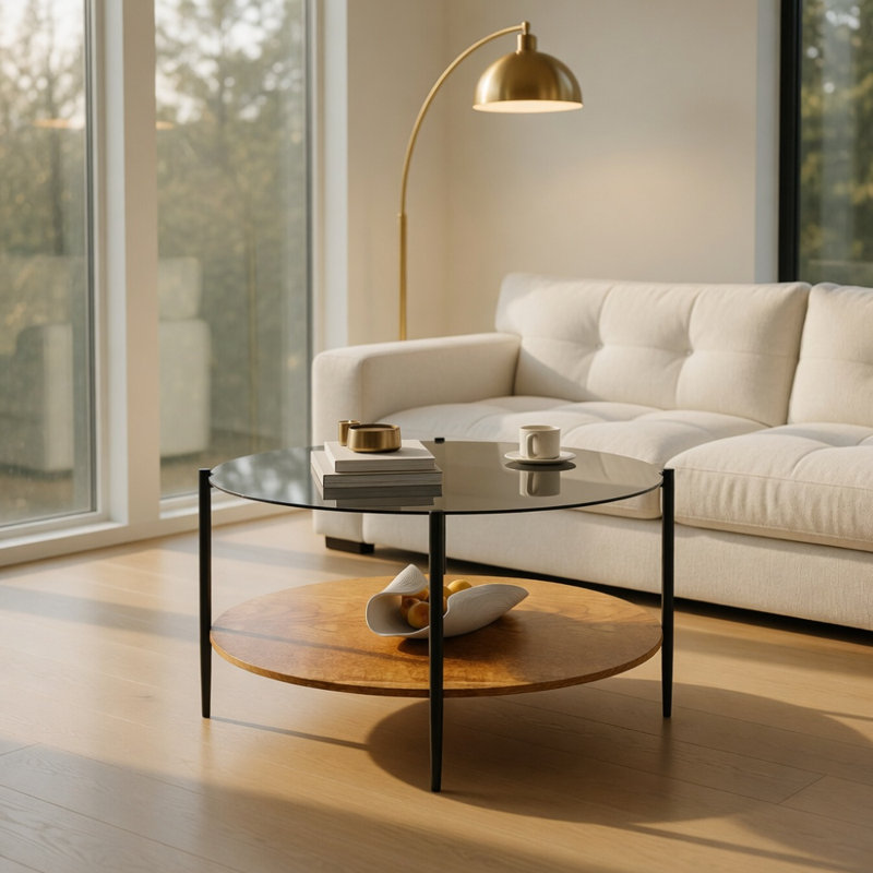 Table basse de style Mid-Century moderne avec plateau en verre + tablette de rangement en bois, structure en métal noir, conception ronde, peu encombrante, 32,28 pouces, table basse moderne de style Mid-Century noir transparent avec plateau en verre + l