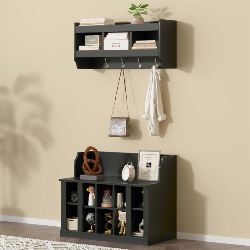 Elegant Hall Tree with Adjustable Shelves and Hooks, Entryway Organizer for Hallway, Foyer, and Mudroom, Black