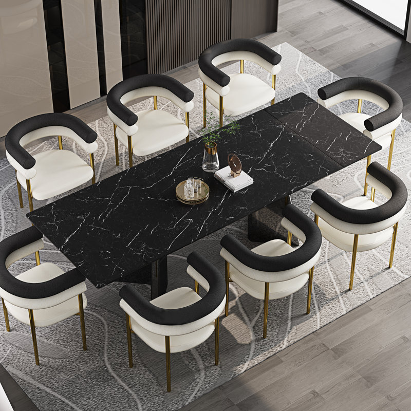 Glam Modern 63'' To 94.5” Extendable Dining Table With Sintered Stone Tabletop And Steel Base For 6-10, Shakespeare Black