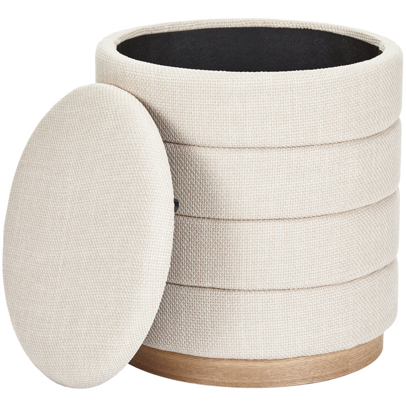 16" Round Upholstered Linen Storage Ottoman, Beige