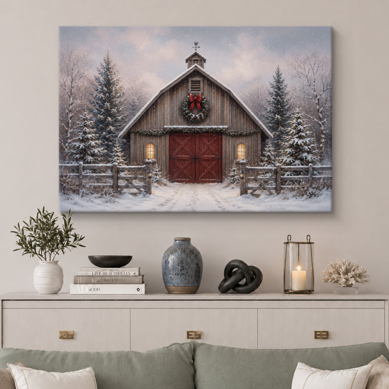 Illustration de grange de Noël porte rouge rustique, H 24 po x l 36 po x P 1,5 po, Toile tendue
