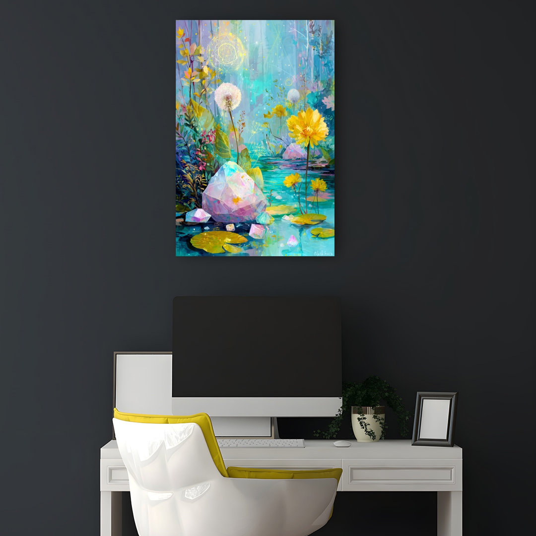 Magical Crystal Pond Colorful Ethereal Mystical Dandelion Lily Forest Landscape Wall Art Print