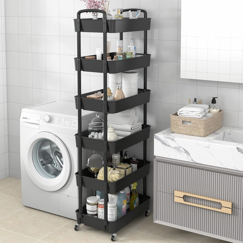 6-Tier Plastic Rolling Utility Cart with Handle, Multi-Functional Storage Trolley, Living Room, Kitchen, Movable Storage Organizer with Wheels