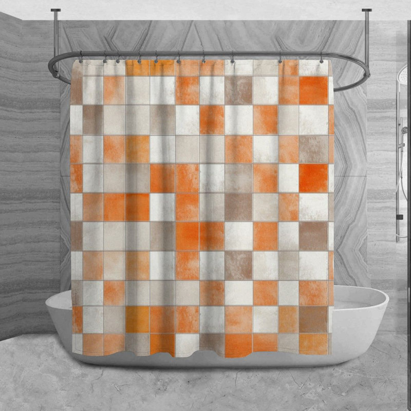 Checkered Shower Curtain Pattern Bath Mat Orange Bathroom Decor, H 73 po x l 70 po