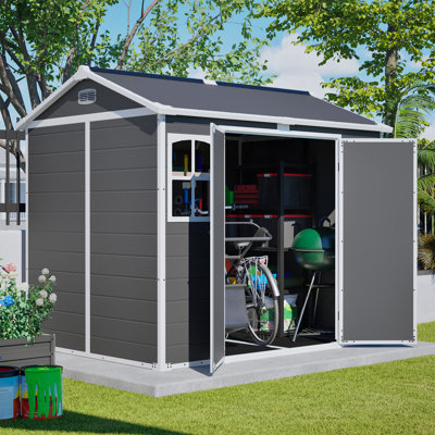 8X6 FT Plastic Outdoor Storage Shed With Floor, Utility Shed With Window And Lockable Door For Garden Backyard