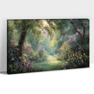 Sunlit Forest Wildflower Landscape Canvas Wall Art – Spring Countryside Painting Print, Rustic Farmhouse Picture Poster for Living Room, Bedroom, Hallway, Home Office Decor, 12×24 Inches