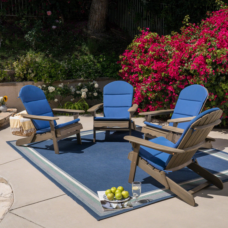 Matthias Foldable Outdoor Adirondack Set, Gray/Navy Blue