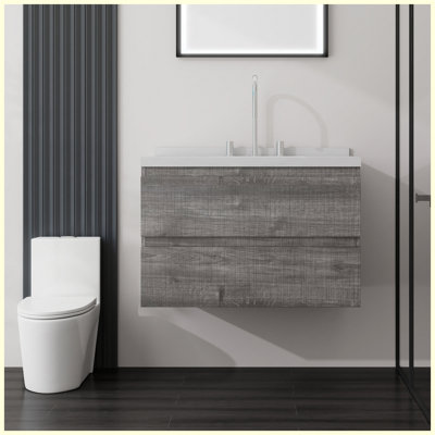 Meuble-lavabo flottant de 30 po avec lavabo, porte à fermeture douce, comptoir et dosseret en marbre de culture blanc de 2 po Carrara, contreplaqué, gris