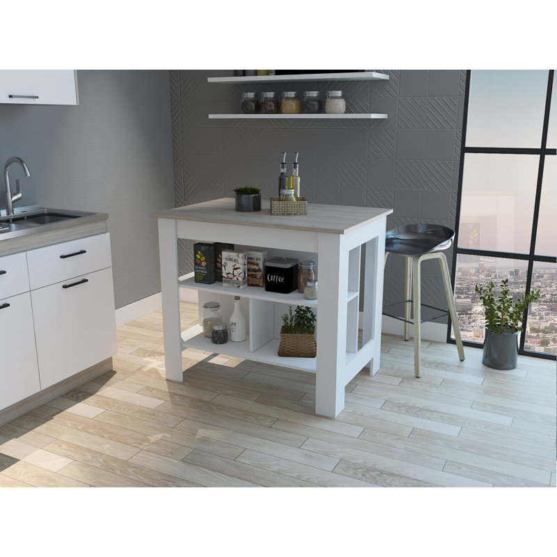 Brooklyn Antibacterial Surface Kitchen Island, Three Concealed Shelves, White/Natural