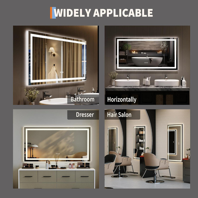Miroir de salle de bain à DEL avec lumières, miroir de salle de bain intelligent antibuée à intensité variable, 26 po x 50 po