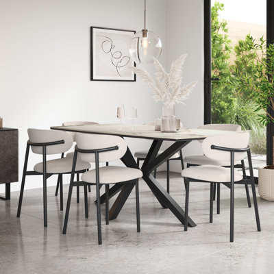 Juno 180cm Calcutta Gold Marble Effect Ceramic Dining Table Set with 6 Myla Linen Chairs