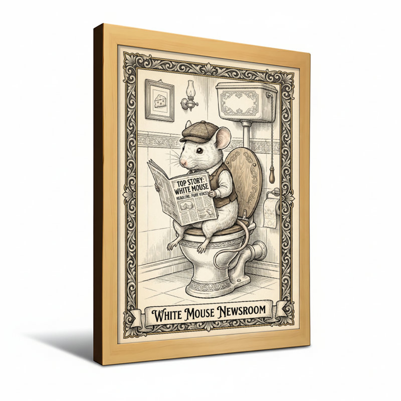 Bath & Laundry - souris blanche lisant un journal sur une toilette, H 30 po x l 20 po, Toile tendue, Ne s’applique pas