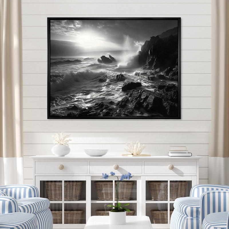 Paysage de plage rocheuse sur toile, H 12 po x l 20 po x P 1 po, Cadre flottant noir