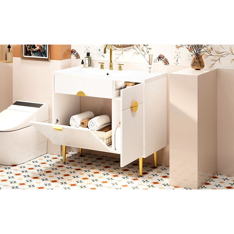Meuble-lavabo de salle de bain avec lavabo en résine de 30 po, rangement spacieux, porte, robinet compatible de 8 po, armoire de lavabo moderne de 36 po, grand abattant, compartiment,