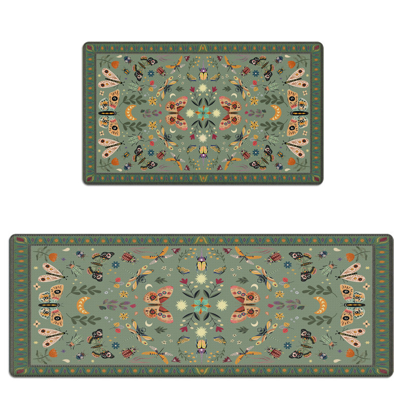 Anti-Fatigue Kitchen Mats Set Of 2, Cushioned Waterproof Non-Slip, Butterfly Insect Green Kitchen Rugs