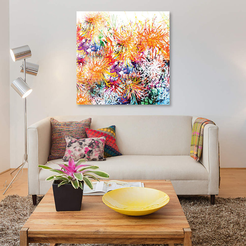 «Sunny Chrysanthemums», reproduction sur toile, H 12 po x l 12 po x P 0,75 po, Toile tendue, Pas de tapis