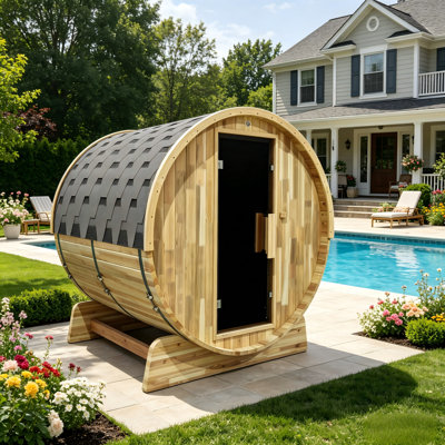4-6Person Outdoor Backyard Barrel Sauna with Harvia 6KW Heater, Tempered Glass Door, Japanese Cedar Wood, Asphalt Shingle Roof, 67" Interior Length