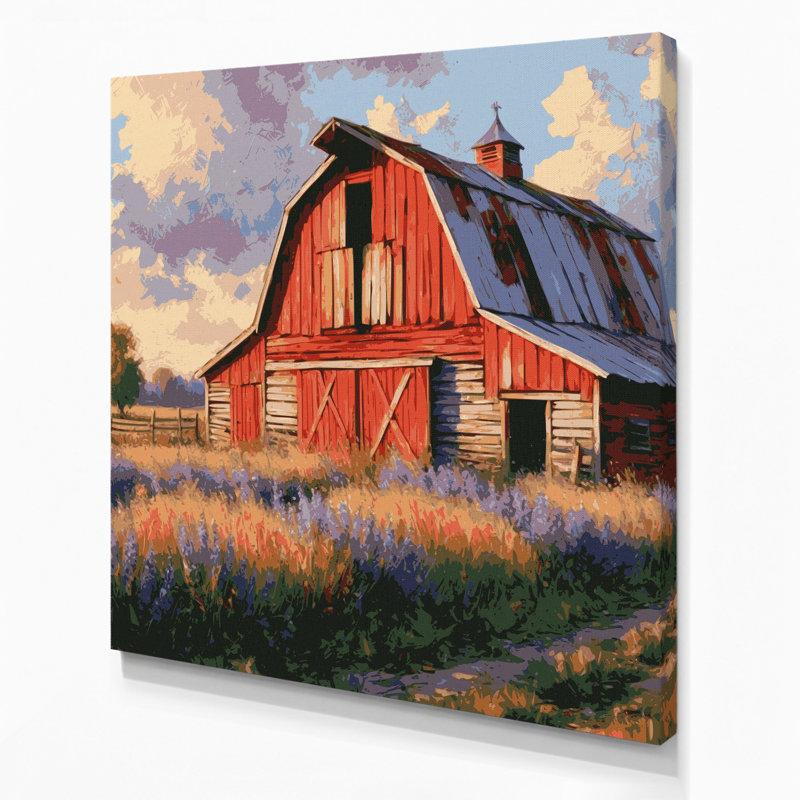 Ferme, grange rouge, toile, art mural, H 16 po x l 16 po