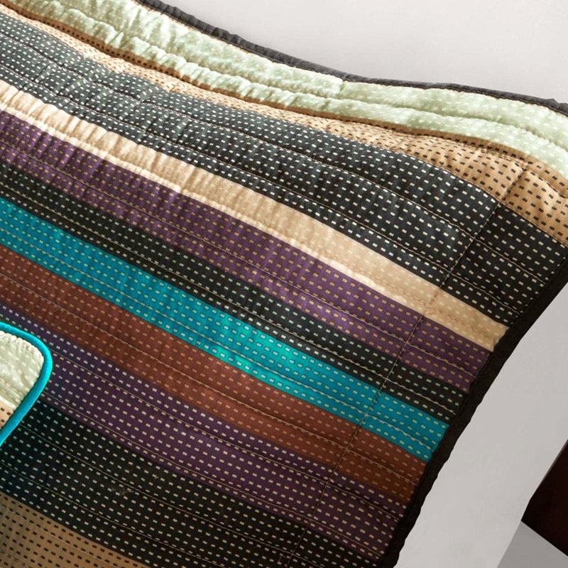 Courtepointe réversible avec 3 coussins décoratifs, microfibre, jolies rayures mauves, bleu sarcelle, tons de terre, microfibre double / grand, double / grand, superbes rayures bleu sarcelle Zig Zag