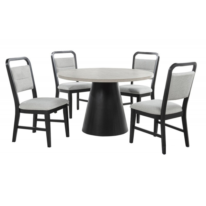 Ensemble de salle à manger contemporain 5 pièces: table ronde en bois massif avec 4 chaises d'appoint rembourrées en gris / noir