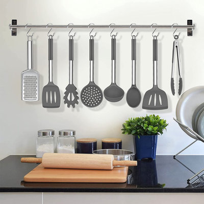 Ensemble d'ustensiles de cuisine en silicone, ensemble d'ustensiles de cuisine en acier inoxydable, résistant à la chaleur antiadhésif, gris