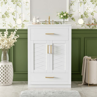 Meuble-lavabo avec lavabo en céramique intégré, armoire de salle de bain avec 2 portes, 1 tiroir basculant, meuble-lavabo simple pour salle de bain de petite et moyenne taille,