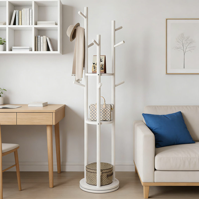Portemanteaux rotatif en bois massif avec 3 tablettes et 9 crochets, Blanc