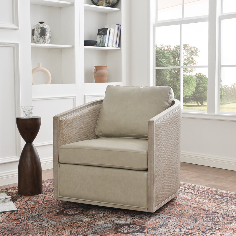  Fauteuil demi-tonneau pivotant en cuir véritable et bois de chêne, Cuir véritable huître