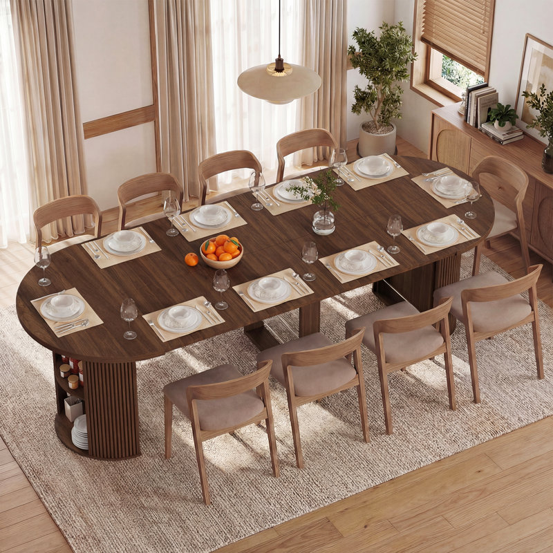 38-92" Extendable Folding Dining Table with Side Storage Shelves, Walnut