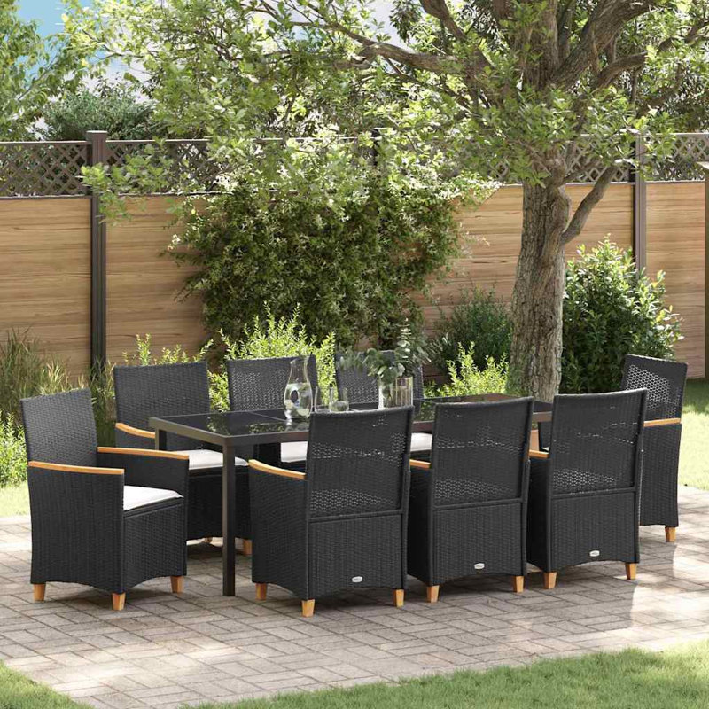  Ensemble de salle à manger de jardin 9 pièces en rotin de polyester noir, Cream White Cushion/Black Frame