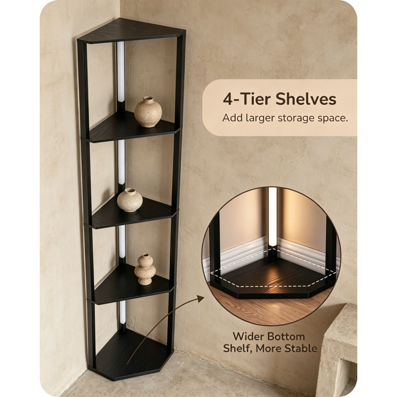Lampe sur pied d'angle moderne avec tablettes et éclairage à DEL intégré, lampe sur pied à température de 3 couleurs et à intensité variable avec tablettes d'affichage à 4 niveaux pour le salon, la chambre à coucher et le bureau