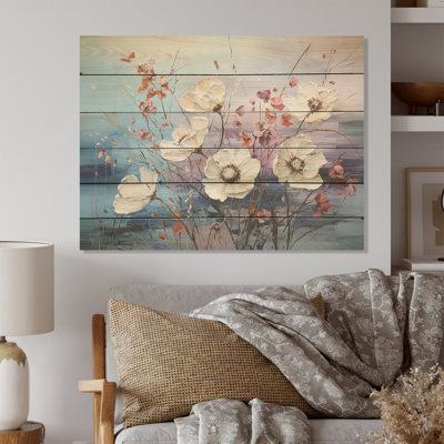 White And Blue Dreamy Poppies Flowers I - Flowers Wood Wall Art On Natural Pine Wood