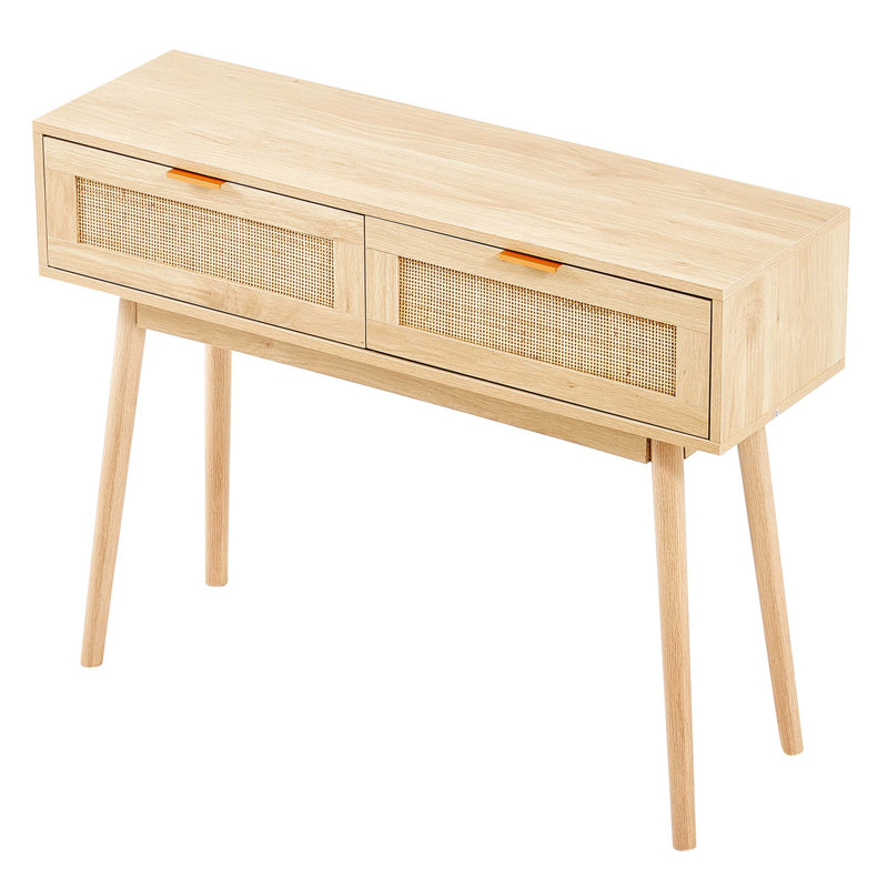 Console en rotin naturel avec 2 tiroirs de rangement et porte coulissante