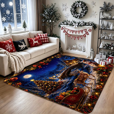Christmas Scene Area Rug, Festive Sleigh Ride Floor Decor, Cozy Winter Wonderland Carpet, Non-Slip Indoor Mat for Living Room, Bedroom, Holiday Home