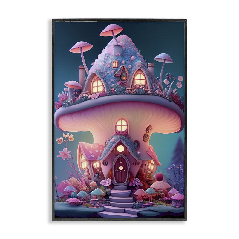 Mystic Mushroom House, art de la giclée encadrée par Sasha, H 18 po x l 12 po, Giclée encadrée noir minuit