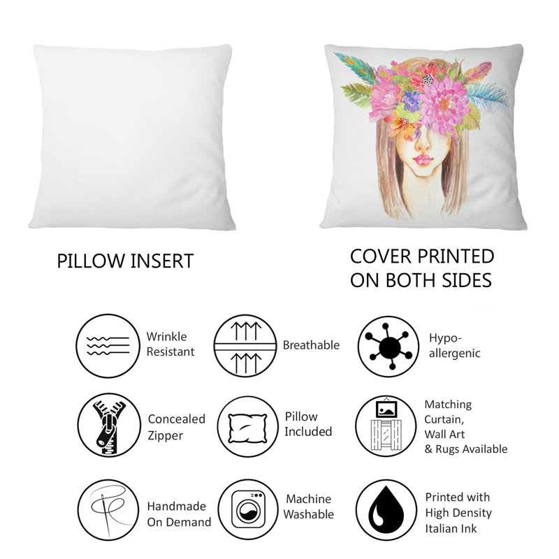 Portrait d'une jeune femme avec une couronne de fleurs - Coussin décoratif imprimé bohémien