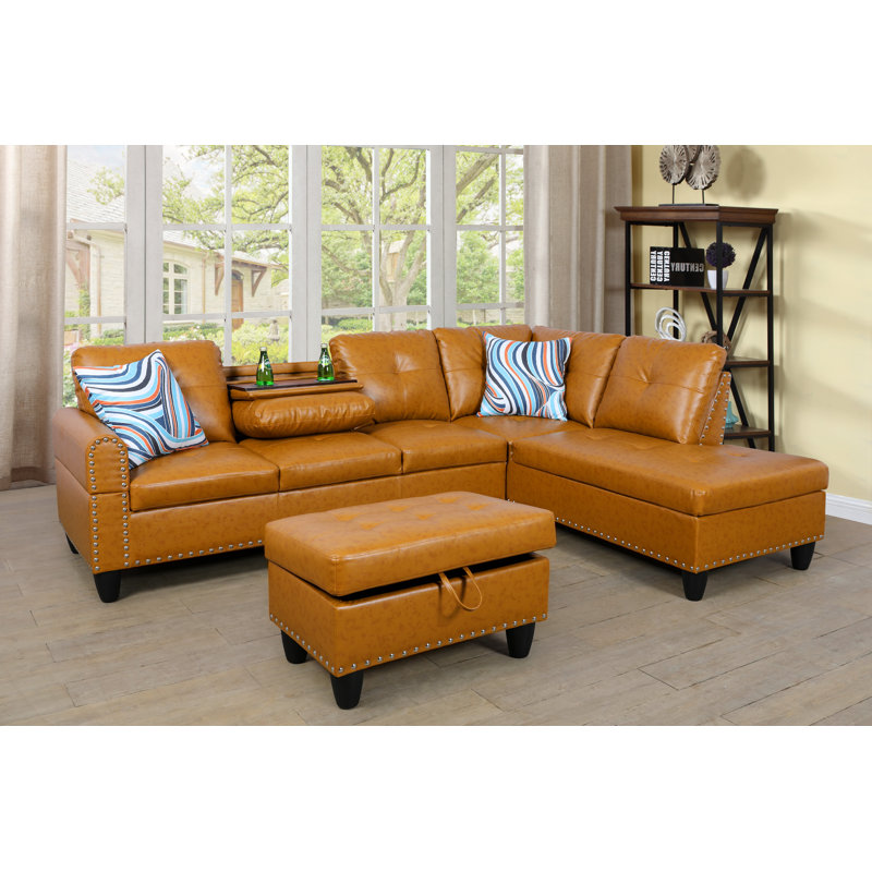 Plyler 97.2" Wide Modular Sectional with Ottoman, Right Hand Facing, Ginger Faux Leather