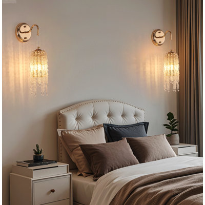 Set of 2 Modern Glam Cascading Crystal Bead E12 Base Hanging Sconces, Gold