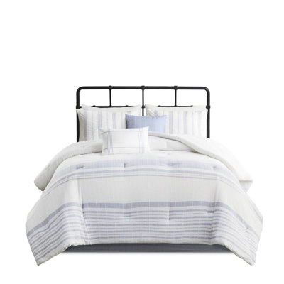 6 Piece Cotton Oversized Bedding - King, Filled Comforter, Colorful Modern Stripes, Machine Washable King , , Textured Woven Visible Bartacks