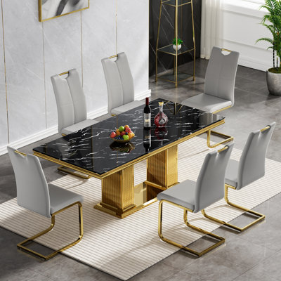 Modern Dining Table Set, 68.11" Dining Table and Chairs Set, Faux Marble Dining Table with Faux Leather Dining Chairs, Luxury Kitchen Table with Stainless Steel Base for Kitchen