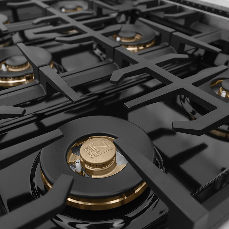 ZLINE Autograph 48 in. Satin Steel Classic Rangetop with 8 DuoPro Burners and Black Accents, Polished Gold