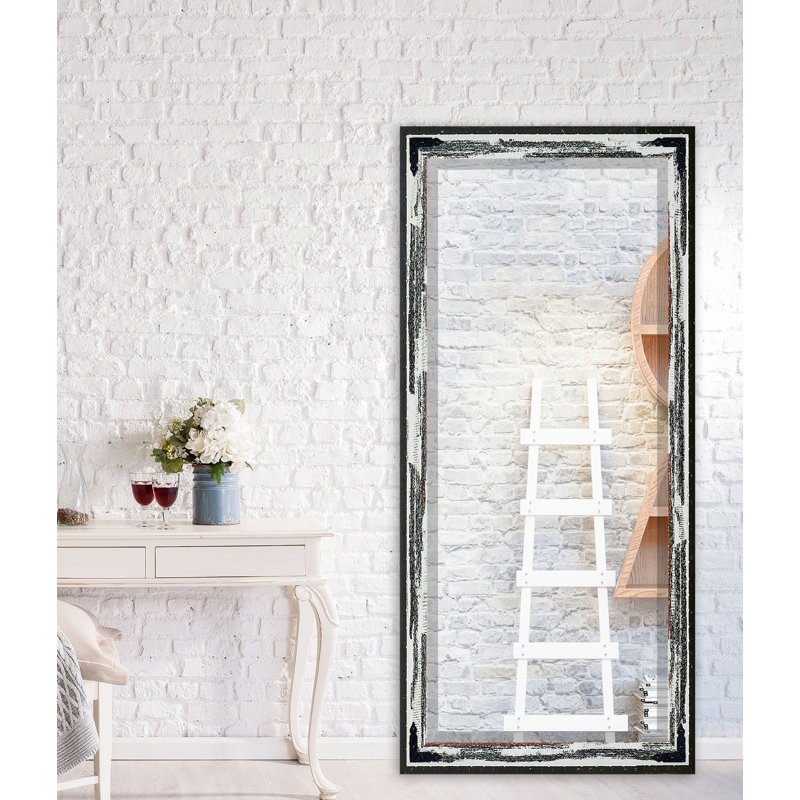 Miroir d'appoint biseauté, Ivoire délavé rustique et noir, H 65,5 po x l 32 po