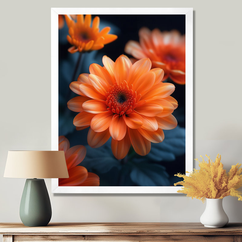 'Orange Green Autumn Blaze Mums - Mums Wall Art, 24" H x 32" W, White Single Picture Framed, Solid Wood