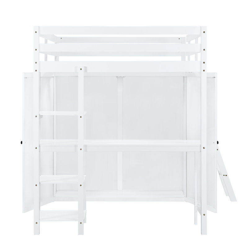 Lit mezzanine double avec garde-robe, bureau et tablettes, blanc