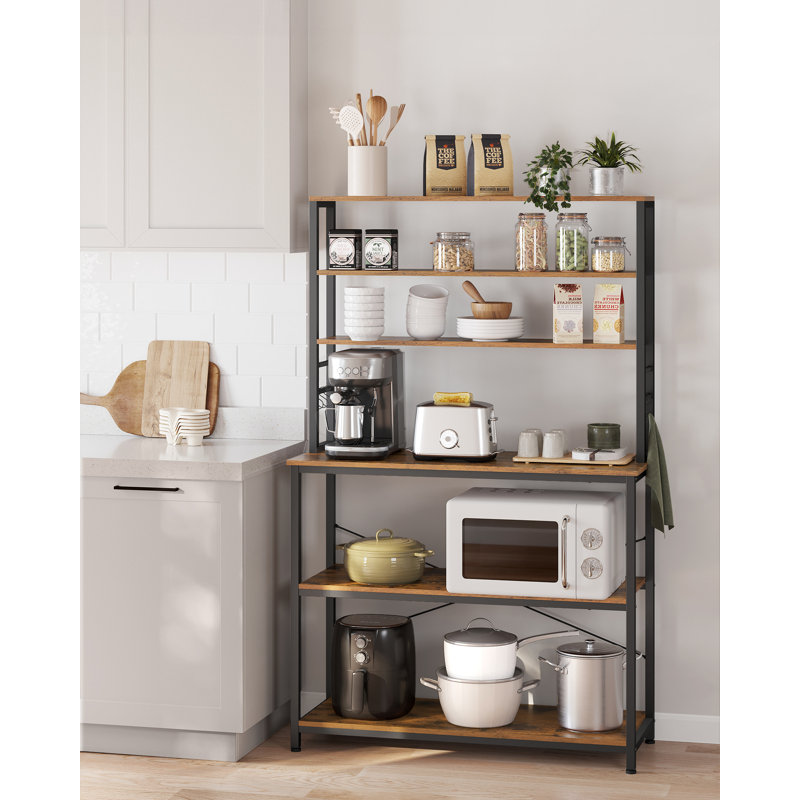 Kitchen Storage Rack, Coffee Bar, Baker’S Rack, Total 6 Shelves And 6 Hooks, For Microwave, Steel Frame, Industrial, 40 X 100 X 167 Cm, Rustic Brown And Black