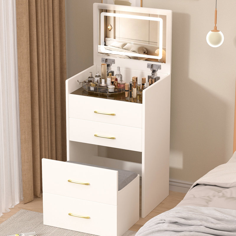 Coiffeuse 3 en 1 avec coussin confortable - Bureau blanc avec tiroirs, pour chambre à coucher, grand espace de rangement et siège
