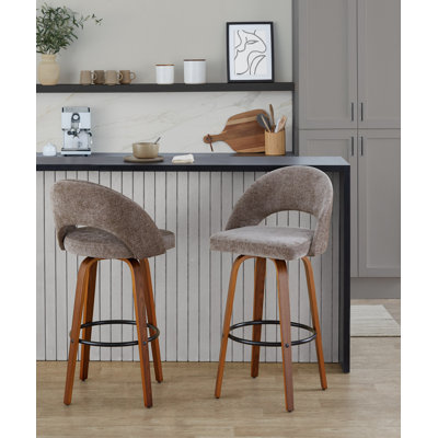 Tabouret de bar à hauteur fixe en bois de noyer et tissu brun avec repose-pieds rond en métal noir - ensemble de 2